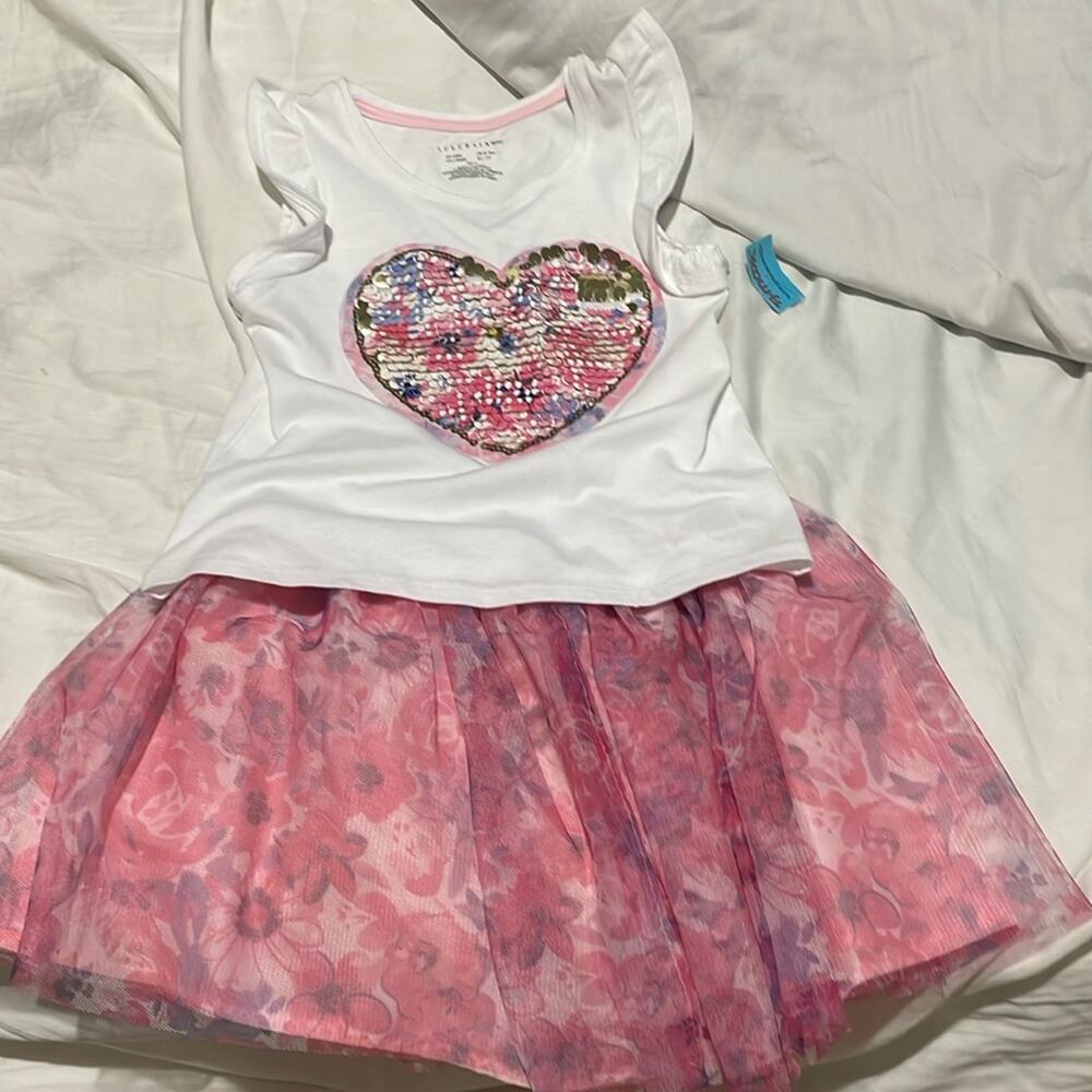 Lulurain 6x pink multilayer floral tutu skirt with white heart bling t shirt nwt